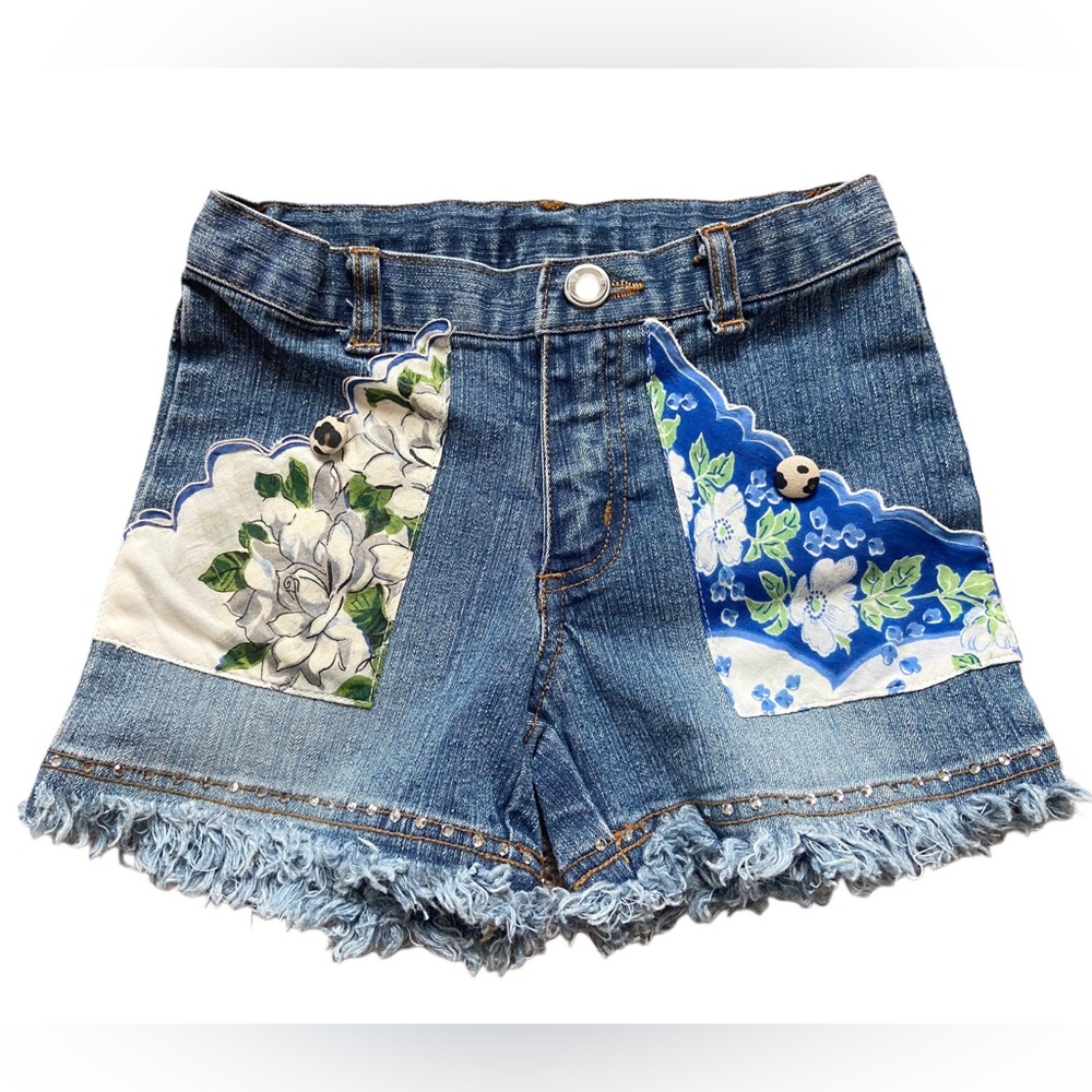 Y2K My Vintage Baby Girls Denim Shorts Fringe Hanky Pockets Rhinestones sz 4